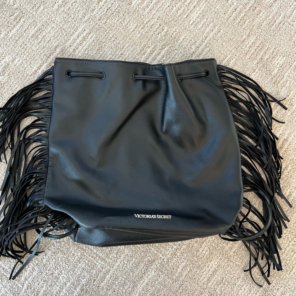 Victoria's Secret Fringe Backpack Boho Hippie Purse Black Vegan Faux Leather Bag